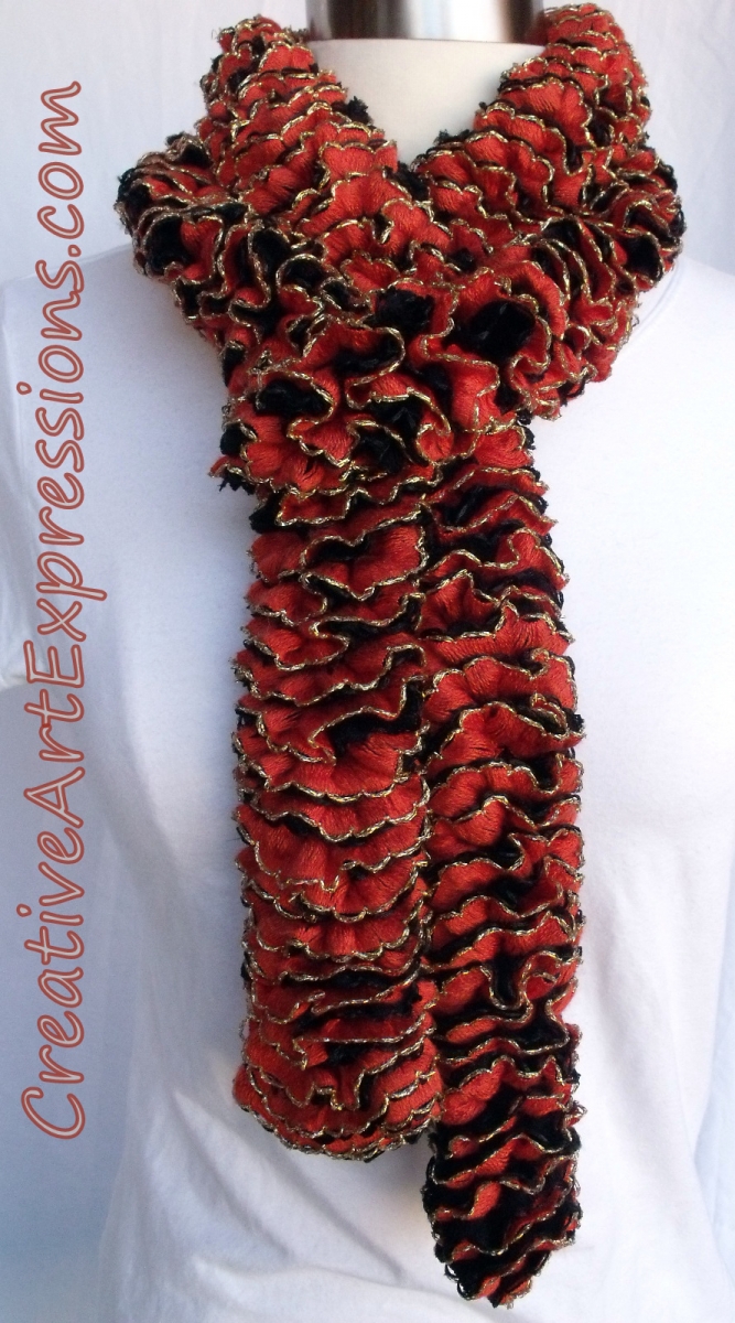 Creative Art Expressions Hand Knit Orange & Black Ruffle Scarf